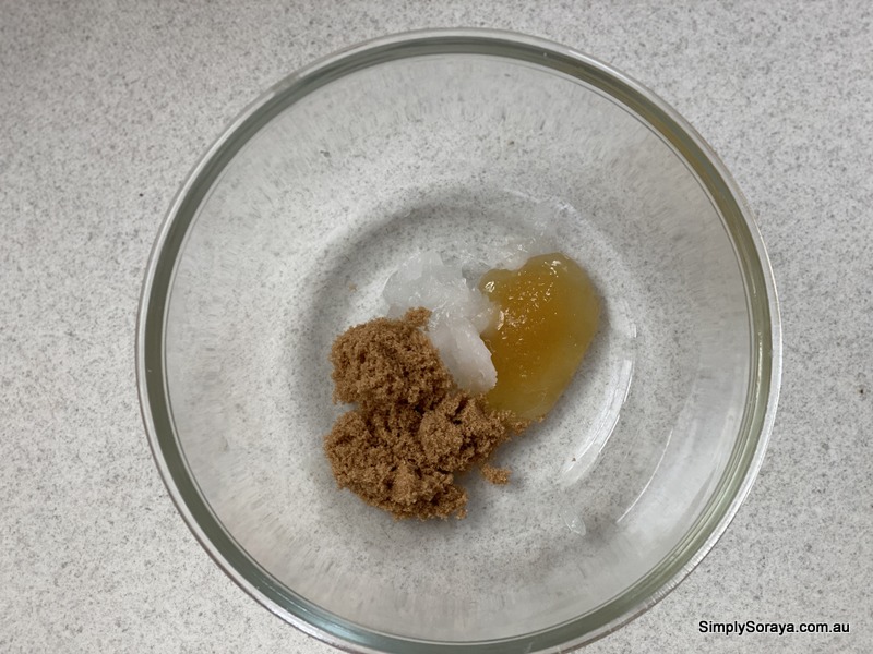 Ingredients in the bowl ready to mix into a lip scrub!