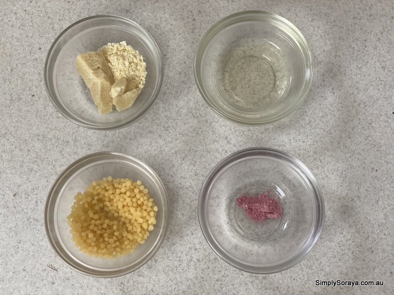 All the ingredients weighed and ready to go for lip balm with cocoa butter