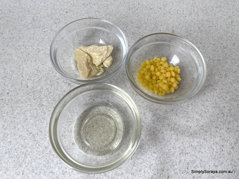 Beeswax, cocoa butter and almond oil ready to go